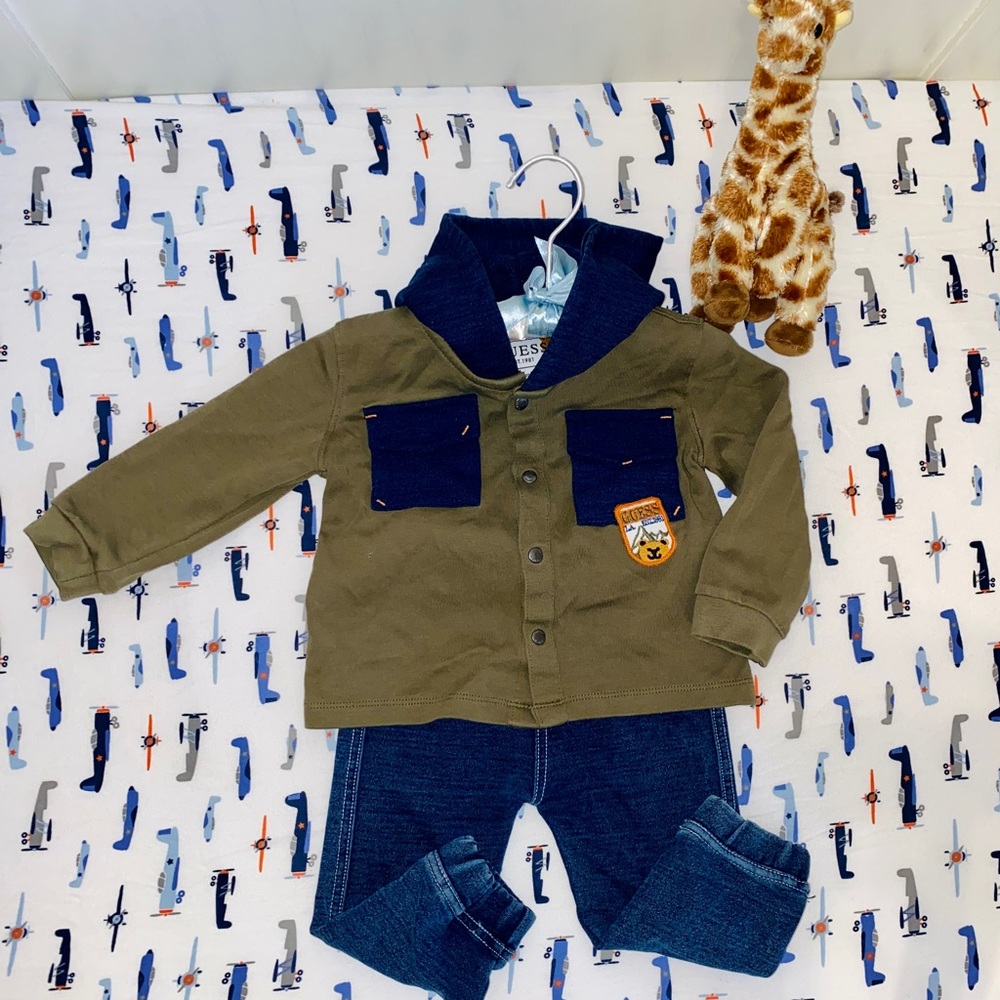 Guess Jeans Baby Boy Set Green Hooded Button Up Long Sleeve and Blue Jeans